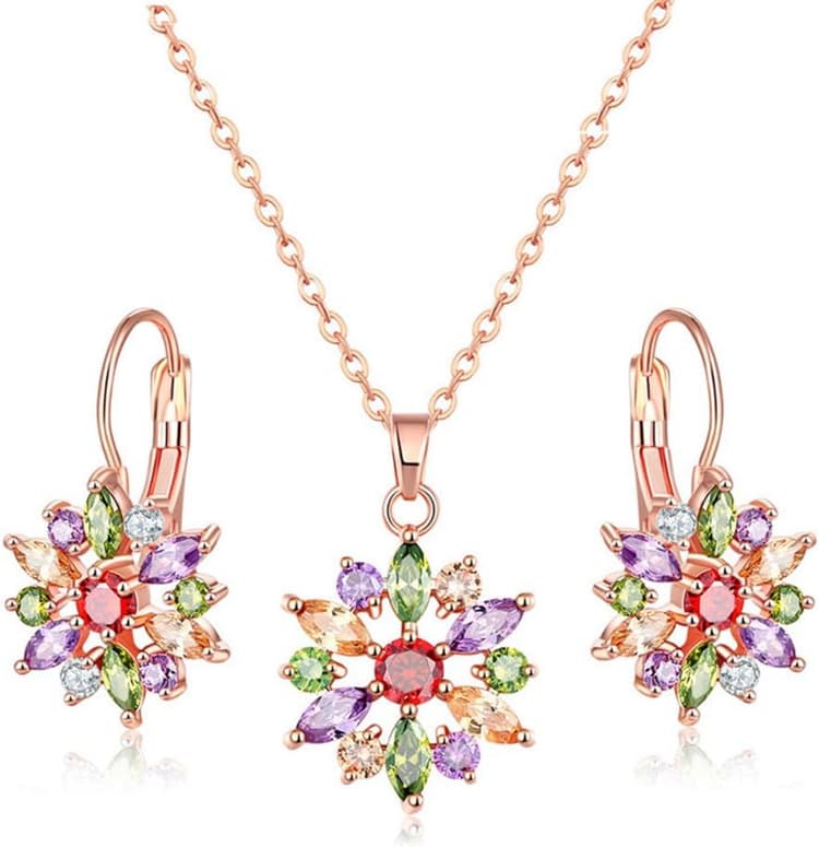Femme Parure Plaquée Or Rose, Ensemble de Bijoux Boucles d'oreilles Créoles Collier Hypoallergénique à la Mode, Ornements Pendentif en Forme de Fleur avec Zircon Cubique Coloré, Chaîne de 48cm