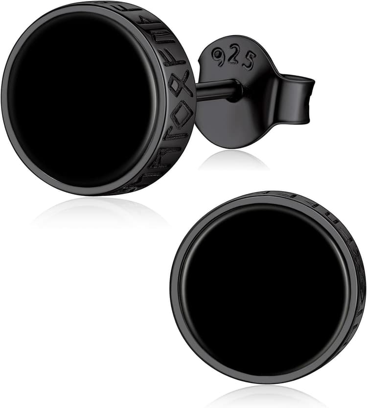 ChicSilver 925 Sterling Silver Viking Rune Natural Black Onyx Stud Earrings For Women Men