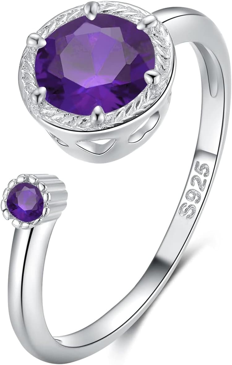 Qings Bague Argent Ajustable Ouverte avec Pierres de Naissance Personnalisé Ronde Bague Solitaire Zircon Promesse Mariage Anneaux Cadeau pour Couples Famille Mère