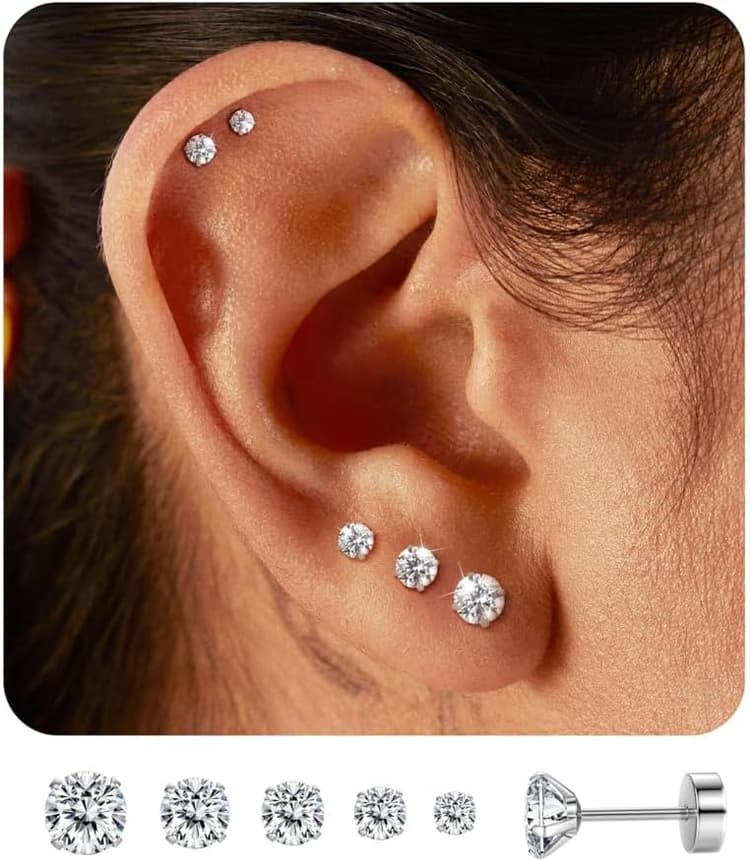 ADRAMATA 5 Paires 316L Acier inoxydable CZ Lot Boucles D'oreilles Femme Homme Cartilage Helix Boucles D'oreilles Piercing Ronde Cubique Zircone Boucle D'oreille à Vis à Billes Dos Plat Barbell