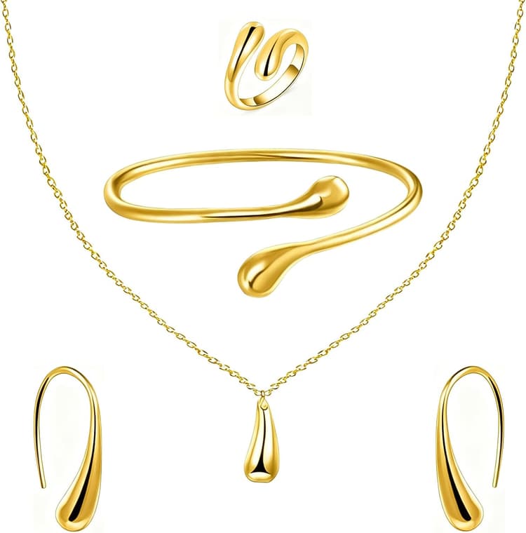 Ensemble de 4 bijoux en or pour femmes, élégant collier, bracelet, bague et boucles d'oreilles en forme de goutte pour filles, ensemble de bijoux Eternal Droplet pour votre femme ou votre pet