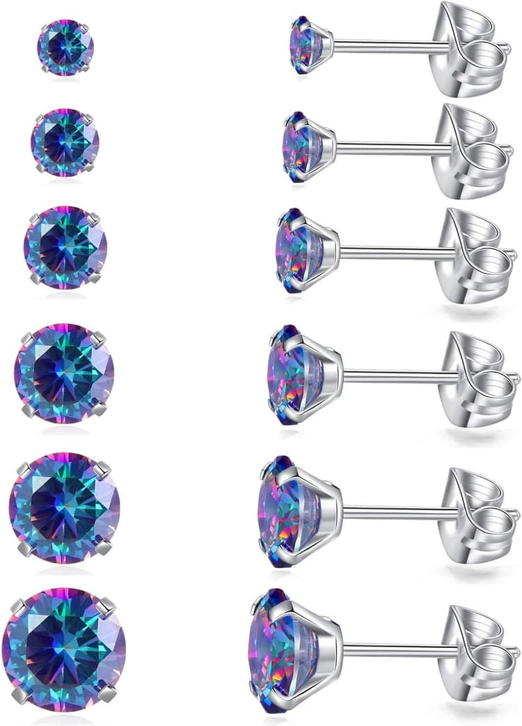 6 Pairs Stud Earrings Set, Hypoallergenic Cubic Zirconia Earrings 316L Stainless Steel CZ Earrings 3-8mm