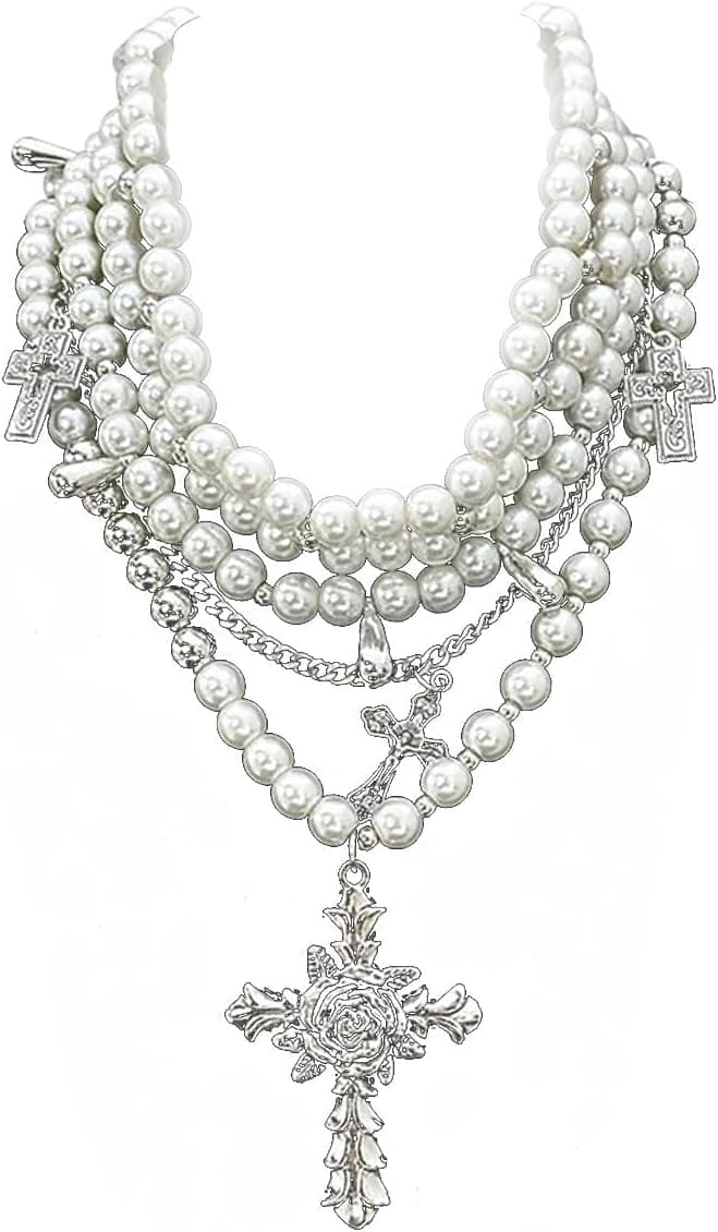 Layered Pearl Necklace Gothic Cross Pearl Stacked Necklace for Women