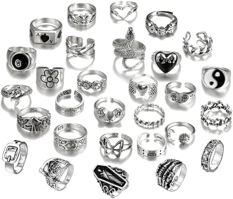 Hifot 29 Pièces Gothique Bague Argent Femme, Y2K Punk Bague, Vintage Knuckle Bague, Ensemble de Bagues Coeur Serpent Fleur Papillon Yin Yang Crâne Grenouille Femme Cadeau
