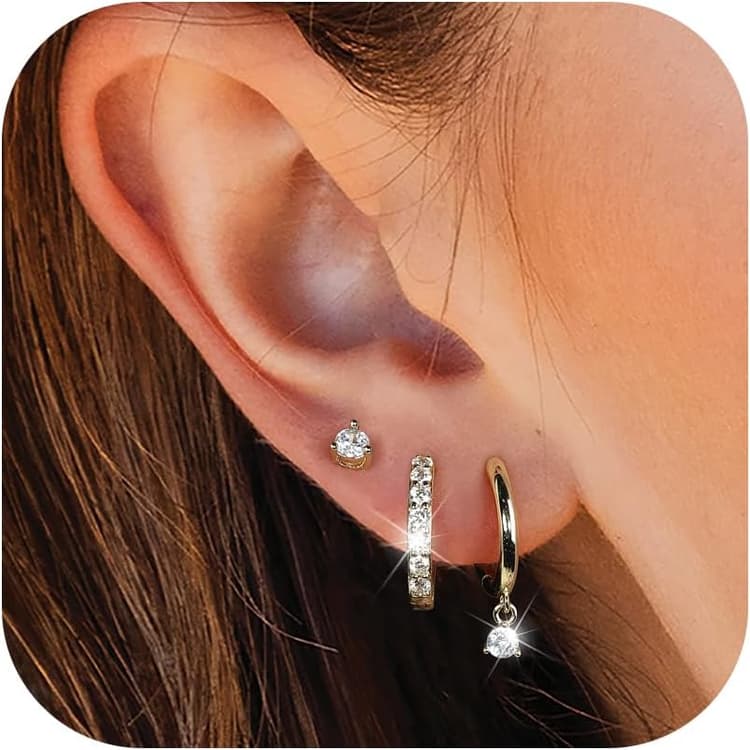 3 Paires Boucles D'Oreilles Femme Argent 925 Plaqué or 14K Mini Créoles Hypoallergéniques Pour Plusieurs Cartilage Bijoux Femme Multiple Piercing Oreille Helix Cartilage Enfant Fille
