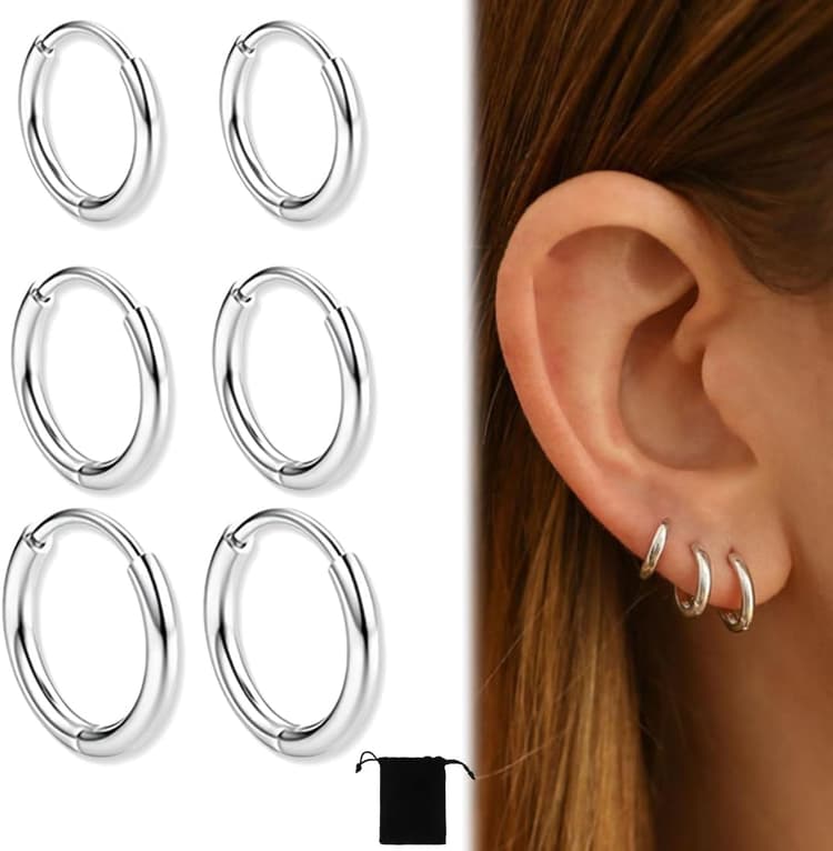 6 Paires Boucles d'Oreilles Créoles Argent 925, Boucle d Oreille Homme Anneaux, Boucle d'Oreille Femme Creole, Boucles d'Oreilles Femme, Boucle d Oreille Homme, 6/8/10 mm