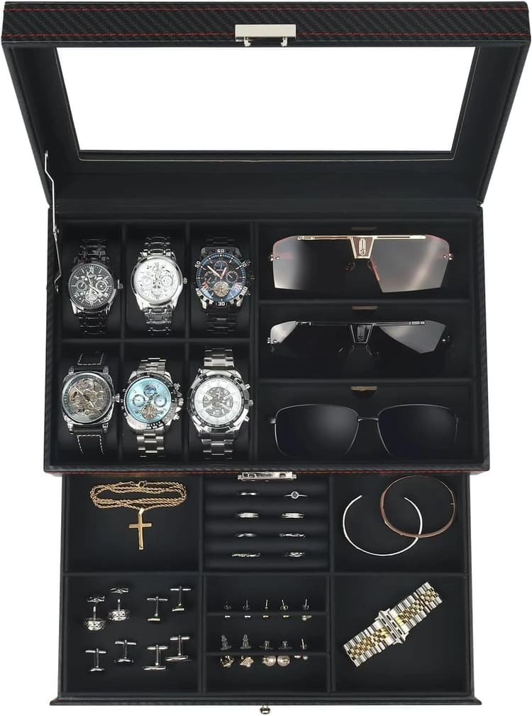 Boite a Bijoux Homme, Rangement Montres et Lunettes avec Grand Couvercle en Verre, 6 Emplacements et 2 Niveaux, Coffret Montre, Boîte à Montres avec Serrure, boite a montre homme, Idée Cadeau -Noir