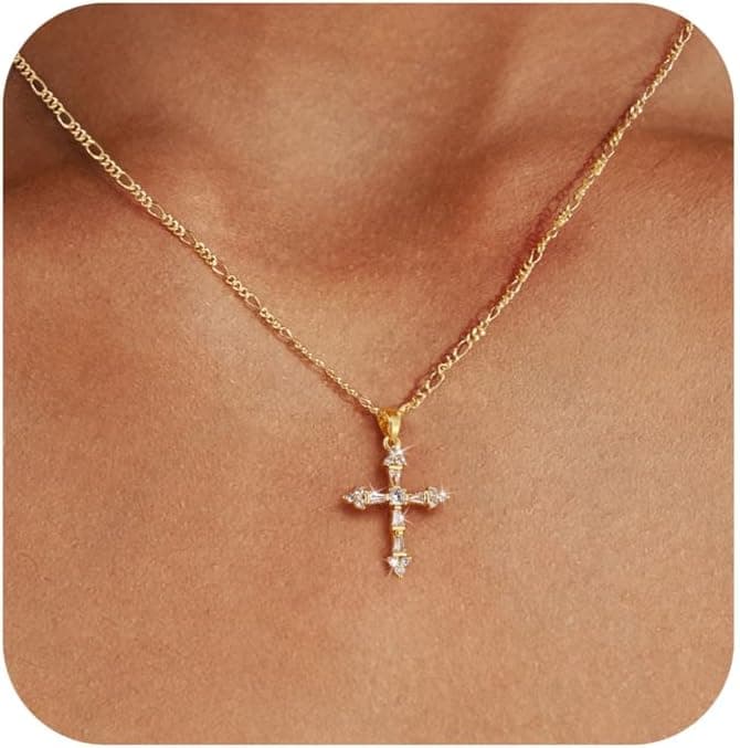 Cross Necklace for Women,Double Cross Necklace 14K Gold Plated Cross Pendant Necklace Dainty Gold Cross Necklaces for Women Trendy Small Cross Charm Necklace Simple Cute Choker Necklaces Gold Jewery
