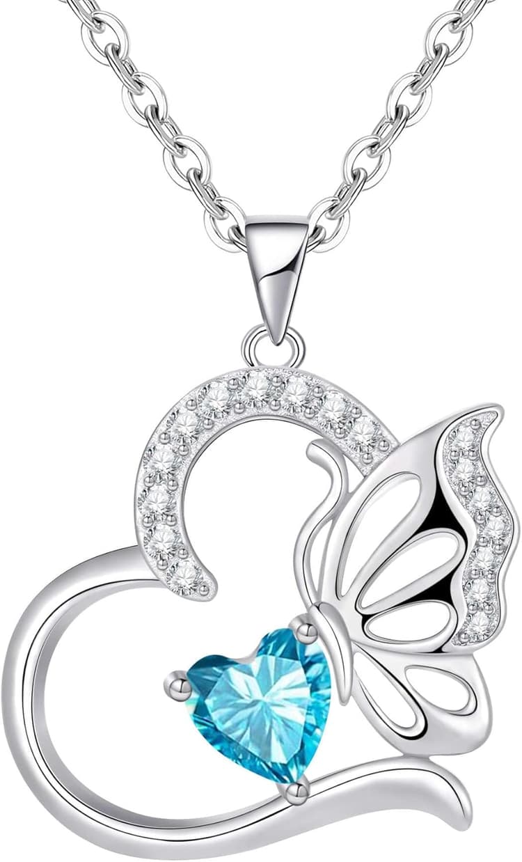 Collier Femme Argent Sterling 925 Coeur Papillon Décembre Pierre de Naissance Pendentif Bijoux Anniversaire