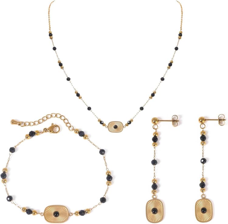 Ensemble de bijoux en améthyste naturelle pour femmes - collier en acier inoxydable avec disque solaire, boucles d'oreilles, bracelet avec perles - cadeau pour sœurs et amies