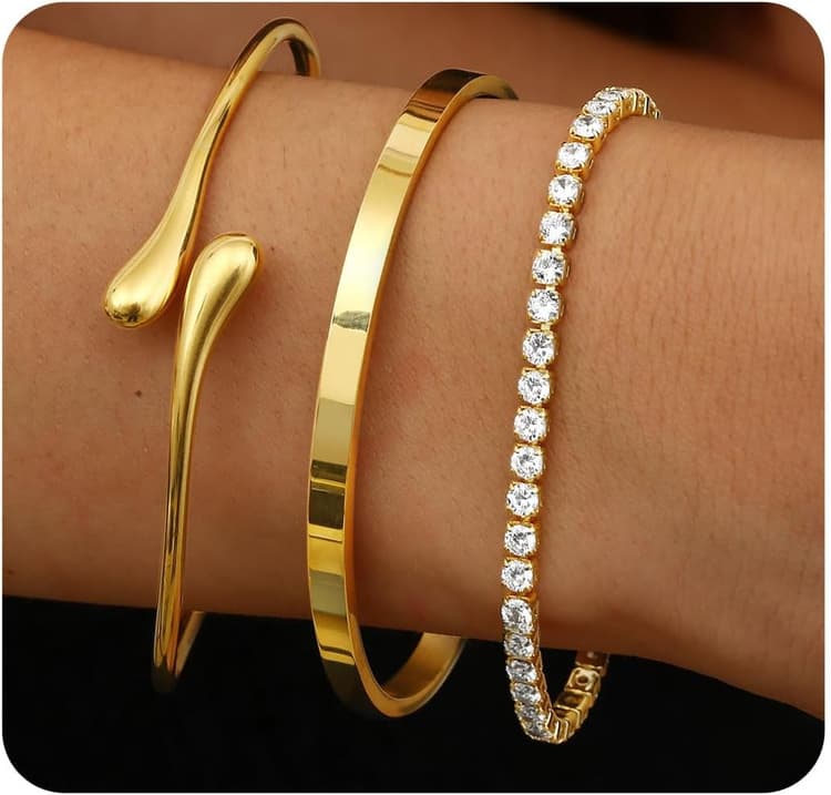 YADOCA 3 Pièces Bracelet Jonc Femme Acier Inoxydable Bracelets Femme Plaqué Or 14 Carats Bracelet Argent Femmes Bijoux pour Femmes