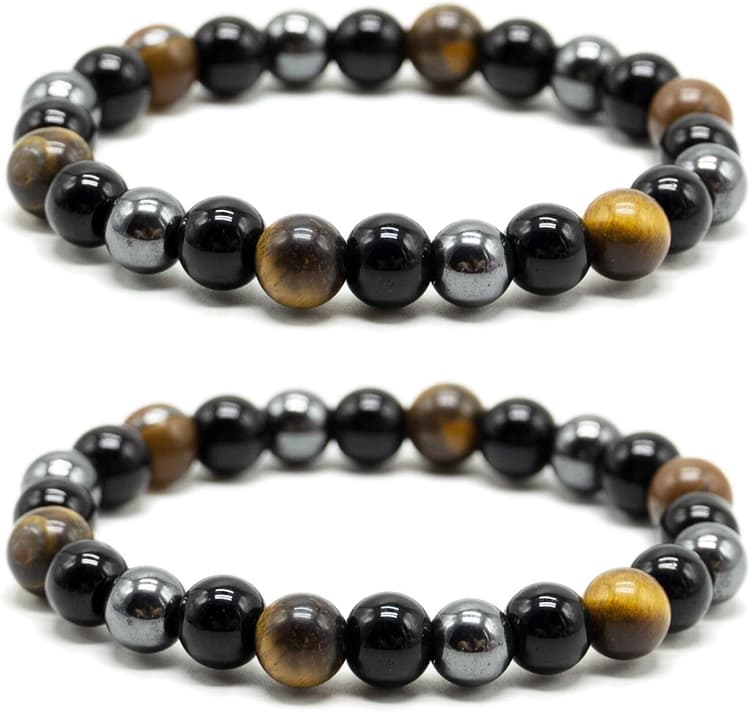 SZCXDKJ Lot de 2 bracelets de perles triple protection 8 mm œil de tigre et obsidienne noire, unisexe de 16 cm à 18 cm
