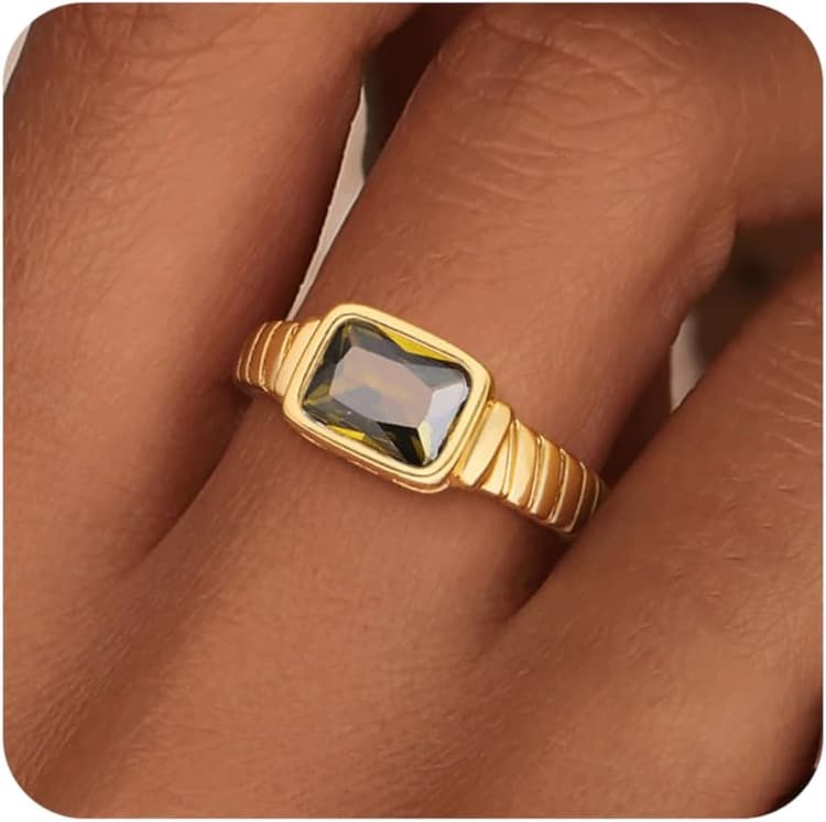 Birthstone Gold Rings for Women Non Tarnish Vintage Chunky Gemstone Emerald Rings 14K Gold Plated CZ Signet Thumb Rings Band Jewelry Gift for Birthday Size 6-11