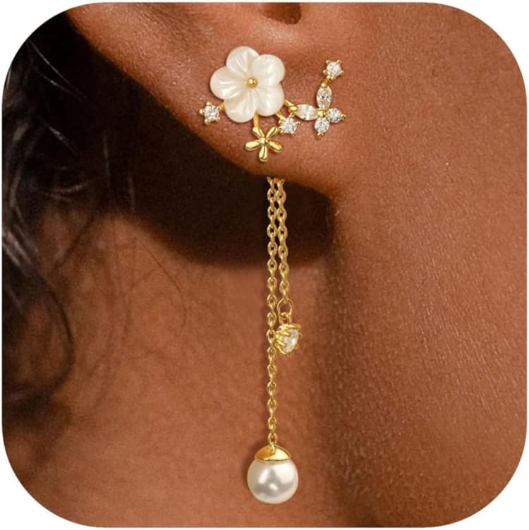 Dangle Pearl Drop Earrings For Women Trendy Long Threader Chain Dainty Flower Wedding Earrings For Brides CZ Cute 14K Gold Statement Sparkly Jewelry