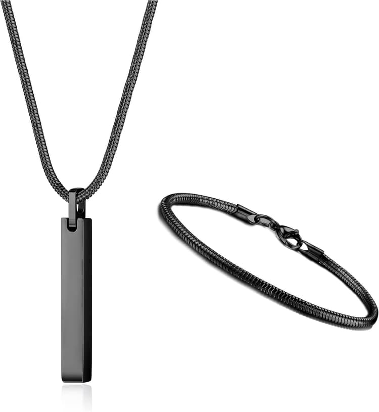 YADOCA Hommes Collier Pendentif Barre en Acier Inoxydable Collier et Bracelets pour Hommes Femmes Collier Chaîne Serpent 3mm et Bracelet Chaîne Serpent Ensemble Longueur 55cm Argent/Noir
