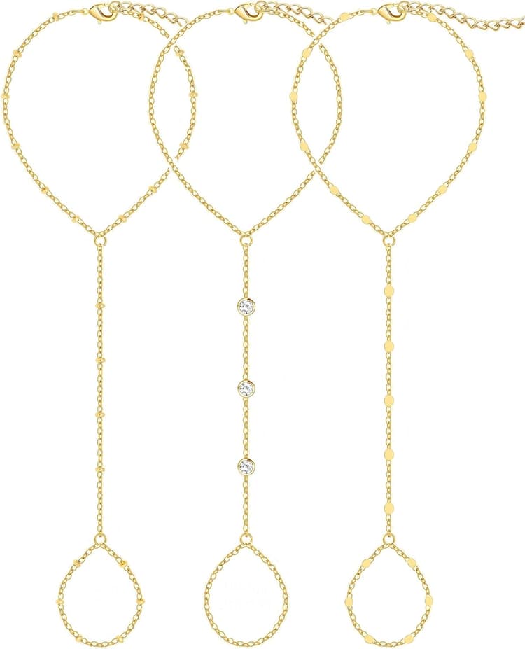 3PCS 14K Gold-Plated Hand Chain Bracelets for Women, Stack Bracelets Set Adjustable, Trendy Dainty Ring Bracelet Hand Chain