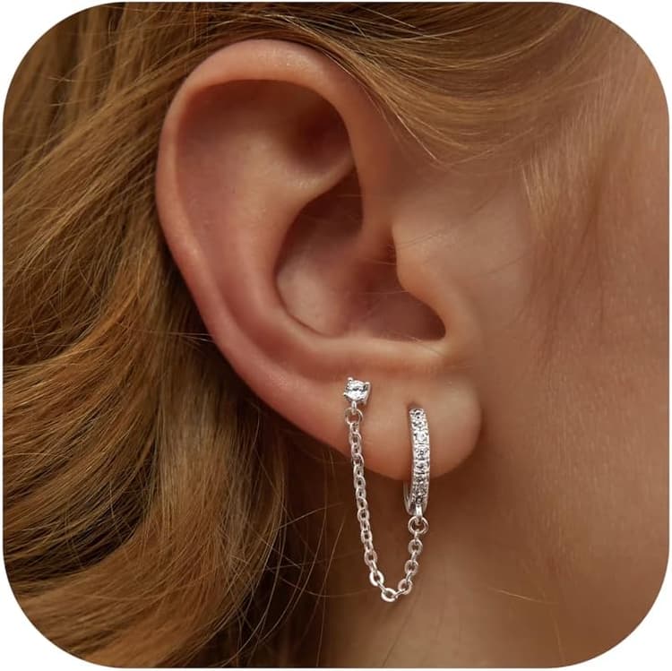 Adramata Boucles d'Oreilles Argent 925 pour Femme Plaquée Or 14 Carats Dangle Chaîne Boucles d'oreilles, Double Creoles Or/Argent pour Plusieurs Piercings Oreille Helix Tragus Piercing Bijoux