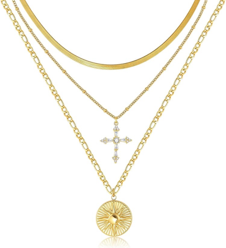 Gold Layered Necklace for Women - 3Pcs 18K Gold Plated Cross Necklaces, Stainless Steel Stackable Necklace Cuban Link Paperclip Chain Trendy Jewelry, Herringbone Choker Christmas Birthday Gift for Her