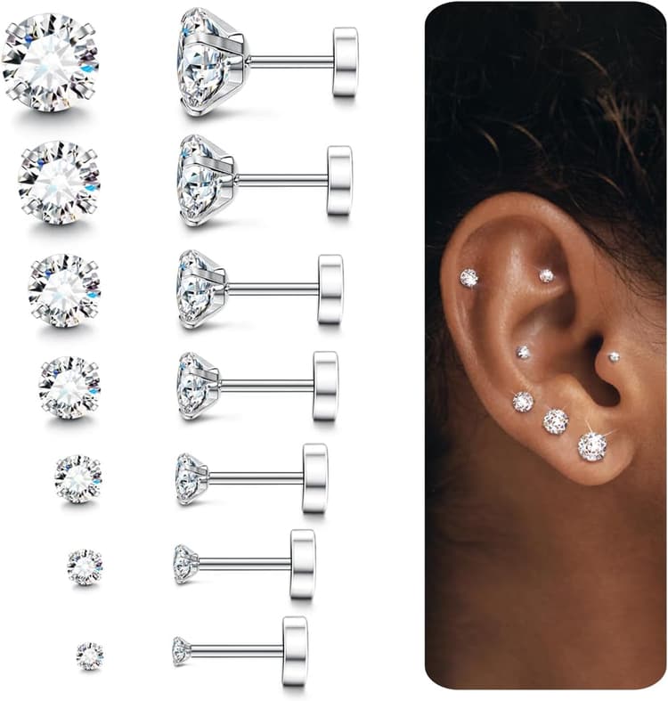 LOLIAS 6-7 Paires Lot Boucles d'Oreilles Dos Plat pour Femmes Hommes Acier Inoxydable Chirurgical Zircone Boucles d'Oreilles Clous Hypoallergénique Cartilage Helix Piercing Oreille