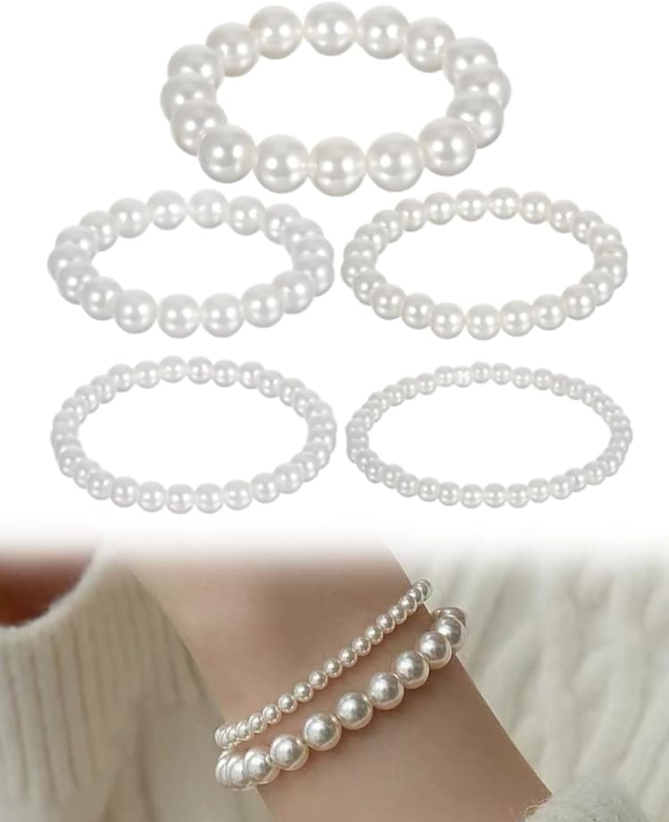 5 pièces bracelets de perles blanches pour femme - Bracelets de perles vintage empilables - Perles artificielles (6/8/10/12/14 mm)