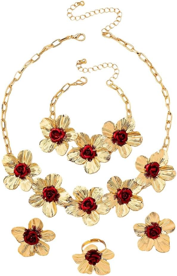 Bijoux Parure Femme 4 PCS Fleurs en Métal avec Détails de Rose Rouge Collier Boucles d’Oreilles Bague et Bracelet Coordonnés Élégants Raffinés pour Événements Festifs
