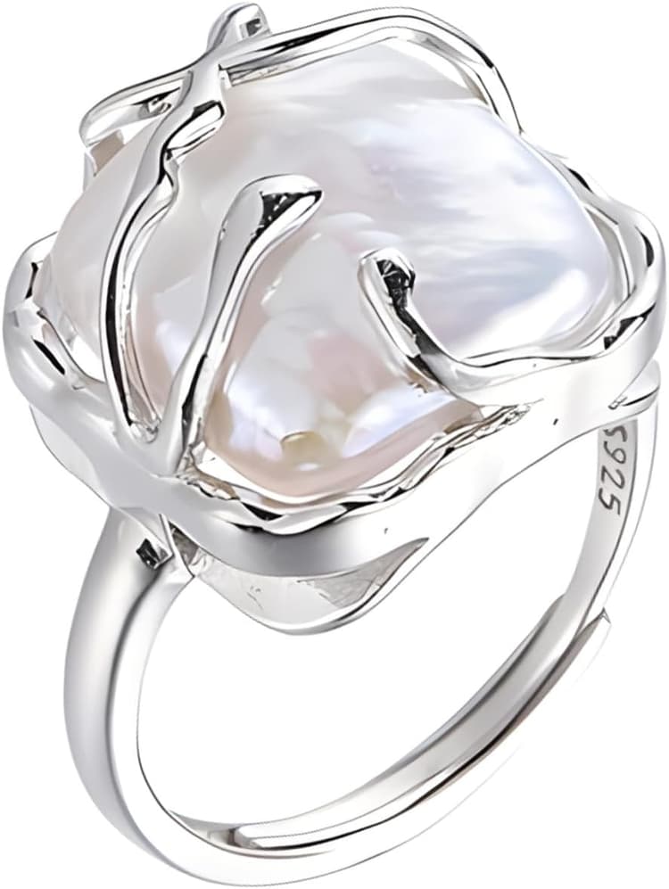 HETICA Irregular Pearl Silver Ring for Women Baroque Pearl Ring Fashion Statement Ring Jewelry Gift