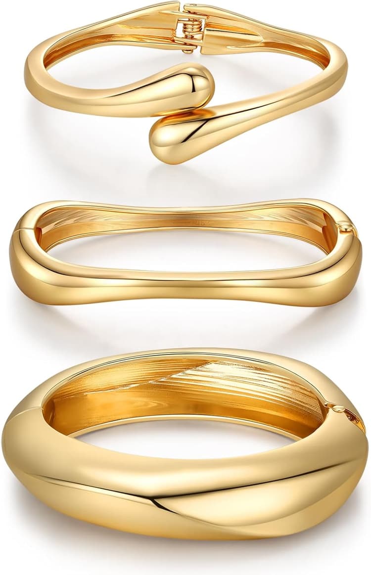 Chunky Gold Bangle Bracelets for Women Trendy 14K Gold Plated Cuff Bracelets Stack, Dainty Bracelet Sets Fashion Jewelry Gift