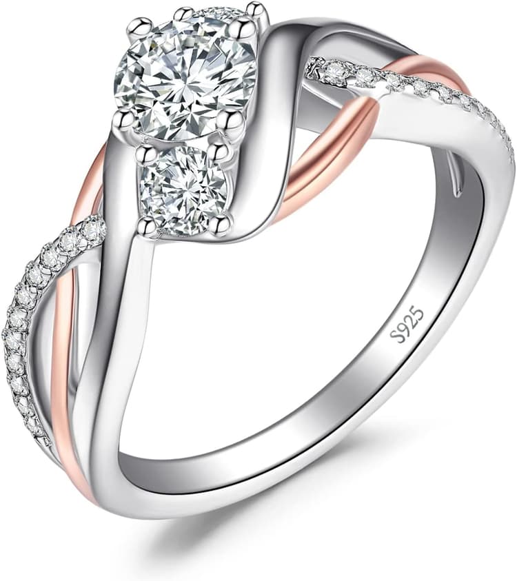 JewelryPalace Bague Infinity Noeud d'Amour Classique Or Rose Argent Massif 925 Femme, Bague Fiançaille Mariage Promesse Anniversaire 3 Pierre Bypass Anneau Diamant Simulé Zircone Cubique, Bijoux Femme