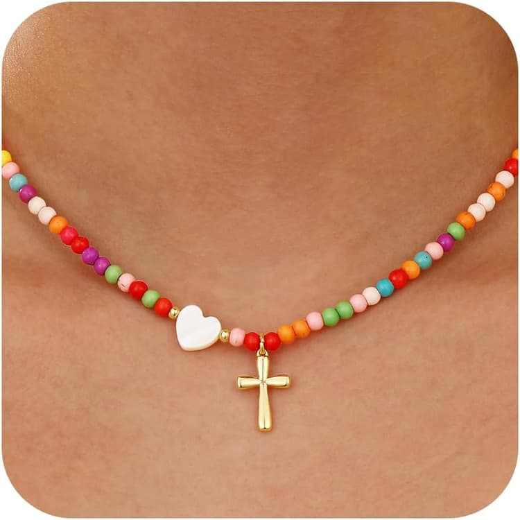 Colorful Beaded Cross Necklace for Girl Women, First Communion Confirmation 18K Gold Plated Pendant Baptism Christian Religious Catholic Valentine's Jewelry Gifts for Teen Girl 15+2 Inches