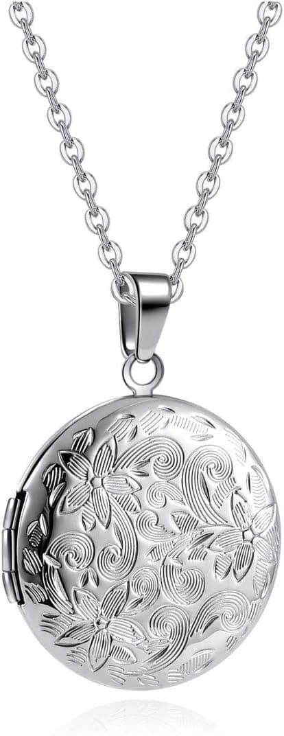 Collier Photo Médaillon Pendentif Rond Ouvrant Personnalisé Graver Fleur Vintage Porte Photo Acier Inoxydable Argent Bijoux Cadeau Femme Homme(Non Gravure)