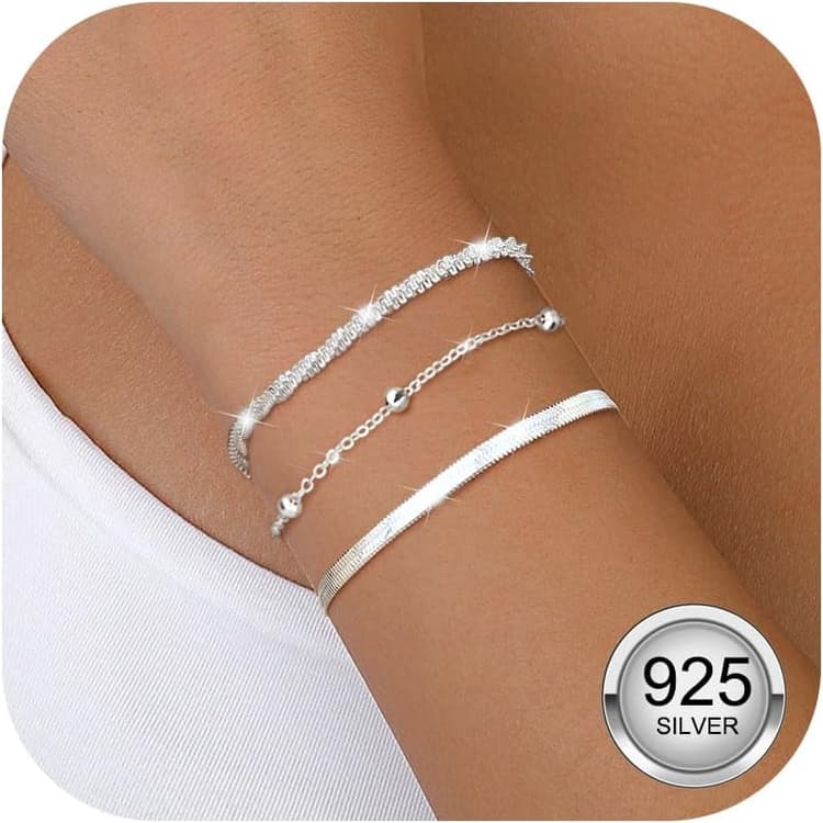 CASSIECA 3 Pièces Bracelets Femme Argent 925 Réglable Bracelets Empilable Chaîne Ensemble Bracelets Argent Bijoux Cadeaux pour Femme Argent Or Or Rose