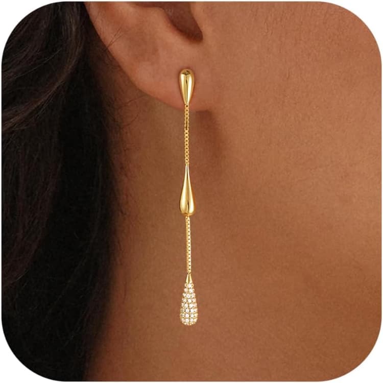 Dangle Earrings for Women, 14K Gold Plated CZ Huggie Drop Earrings, Easter Basket Stuffers Dainty Long Chain Jewelry Gift for Her