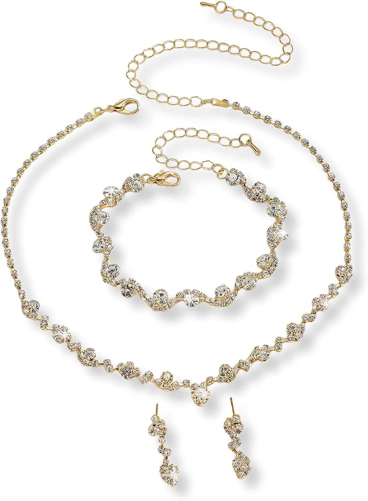 Parure de bijoux 3 pièces en or avec strass, parure de bijoux fantaisie pour femme avec collier, bracelet et boucles d'oreilles, parure de bijoux pour mariage, fête, bal de fin d'année et