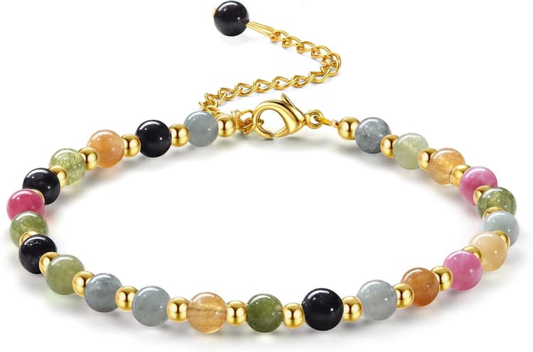 Adramata Bracelet Pierre Naturelle Femme Bracelets en Pierre Naturelle de 5MM Bracelet de Perles en Acier Inoxydable de 3MM Bracelets Plaqués Or Bracelet Bohème en Cristal Bracelet pour Femme Cadeau