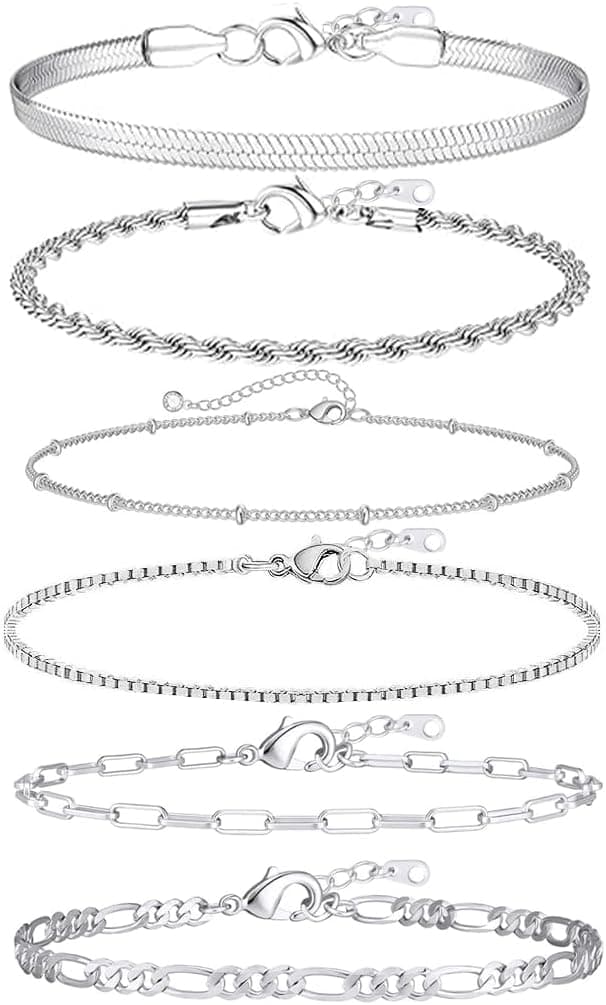 6 Pcs Bracelets Chaîne pour Femme, Bracelets Réglable Acier Inoxydable Femme Serpent Chaîne, Empilables Fantaisie Argent