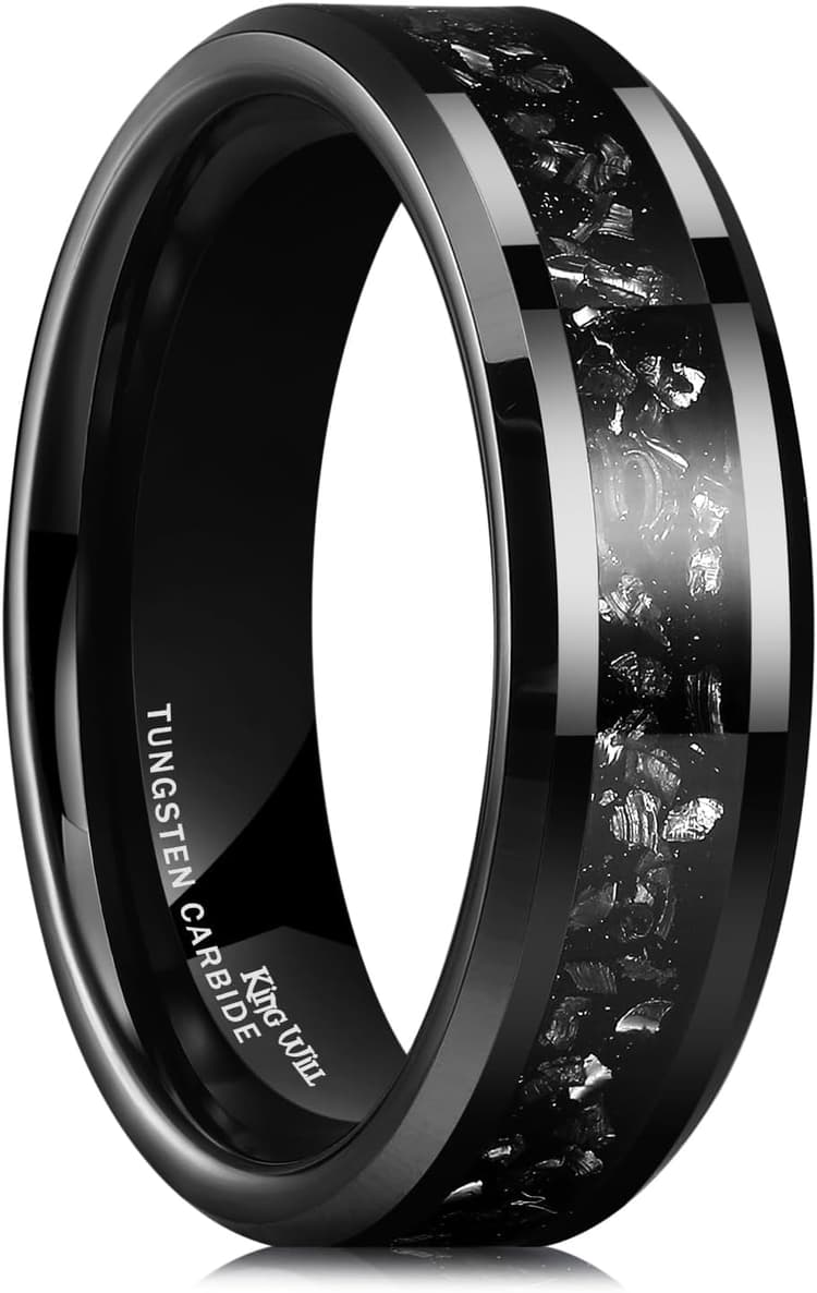 King Will Mens Meteorite Tungsten Wedding Bands, 6mm/8mm Width, Black/Silver Engagement Rings for Couples, Beveled Edge Promise Ring for Women Comfort Fit