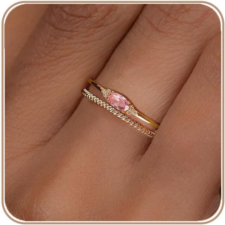 HEEYA Bague Femme Or Pierre de Naissance Bagues Plaqués Or 18 Carats Design Double Couche à Superposition de Promesse Fiançailles avec Zirconia - Cadeau Anniversaire Mariage Bijoux