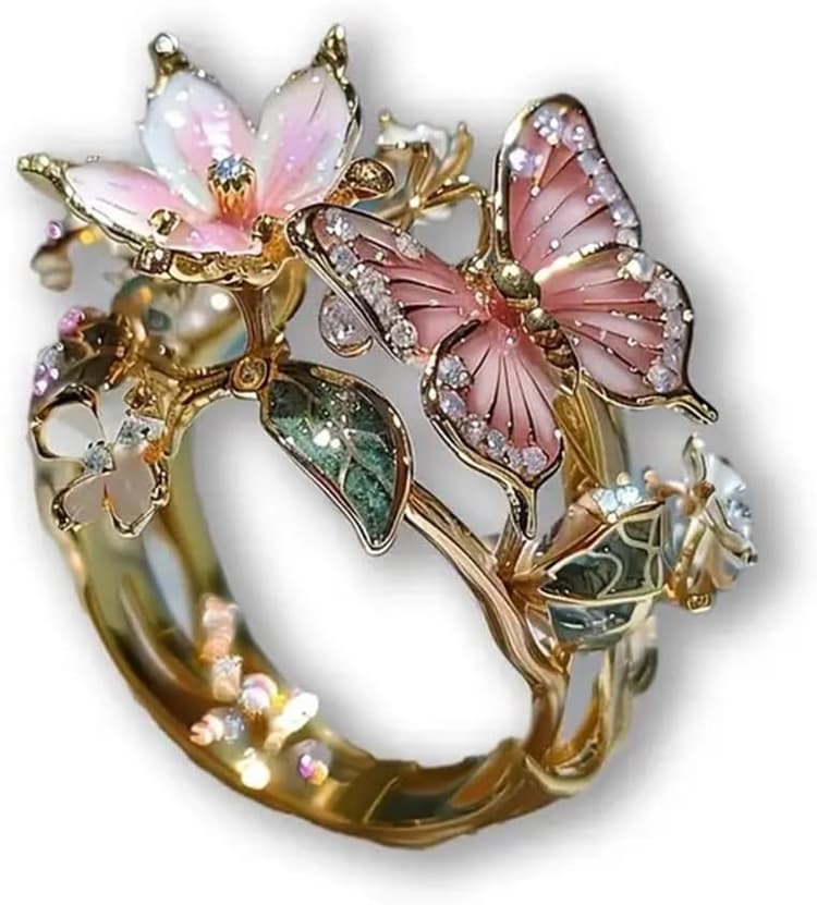 Bague papillon fleurie pour femme Bague bohème en or Bijoux fantaisie Cadeau feuille de fleur pour femme et fille