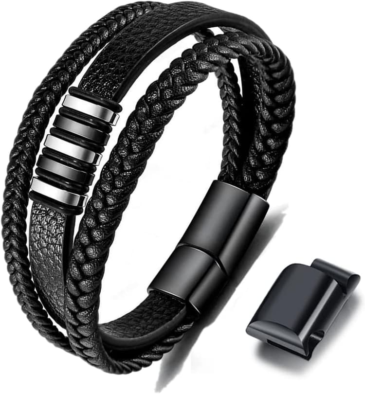 Bracelet en cuir noir pour homme - Cadeau Homme 22.5cm (Noir)