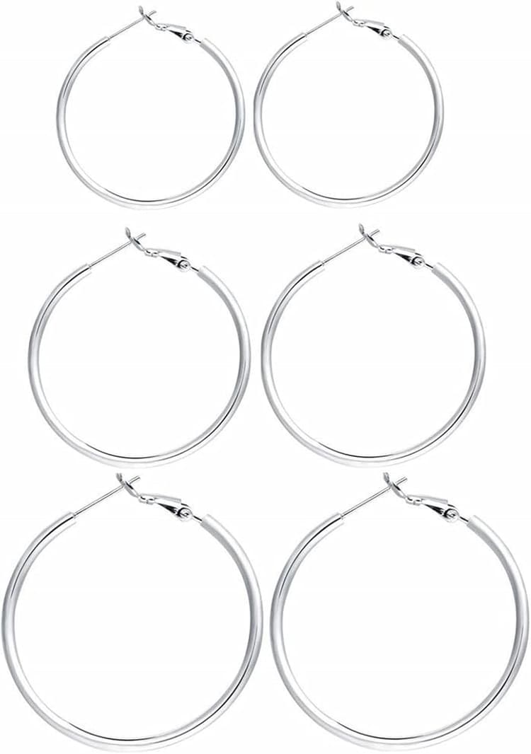 3 Pairs Sterling Silver Hoop Earrings, 14K White Gold Plated Big Hoop Earrings Set for Women 40 50 60MM