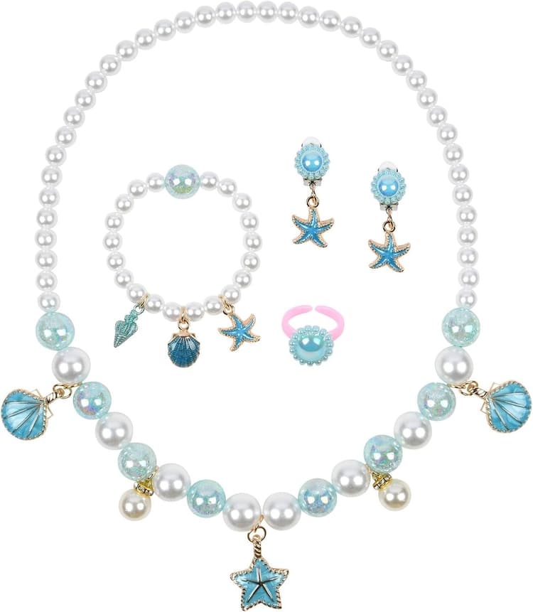 OSDUE Bijoux, Sirène Ensemble de Bijoux, Collier Bracelet Bague Boucles d'oreilles Set 5 Pièces, Princesse Anniversaire Noël Cadeau