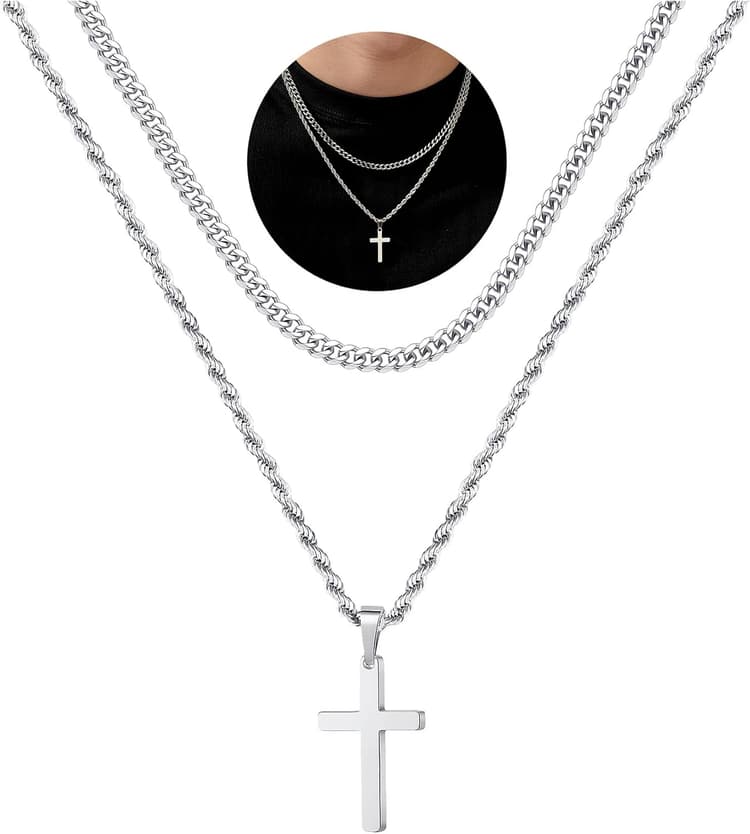 Yooblue Easter Basket Stuffers - Cross Necklace for Men, Gold Black Silver Mens Cross Necklaces Stainless Steel Cross Pendant Necklace Simple Jewelry Gifts Cross Chain Necklaces for Men