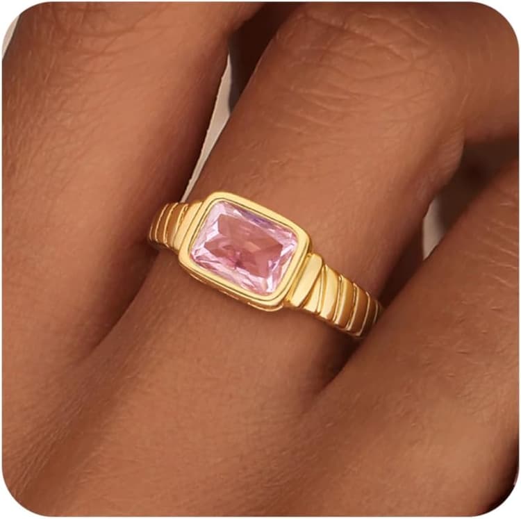 ZHESHY Birthstone Gold Rings for Women Non Tarnish Vintage Chunky Gemstone Emerald Rings 14K Gold Plated CZ Signet Thumb Rings Band Jewelry Gift for Birthday Size 6-11