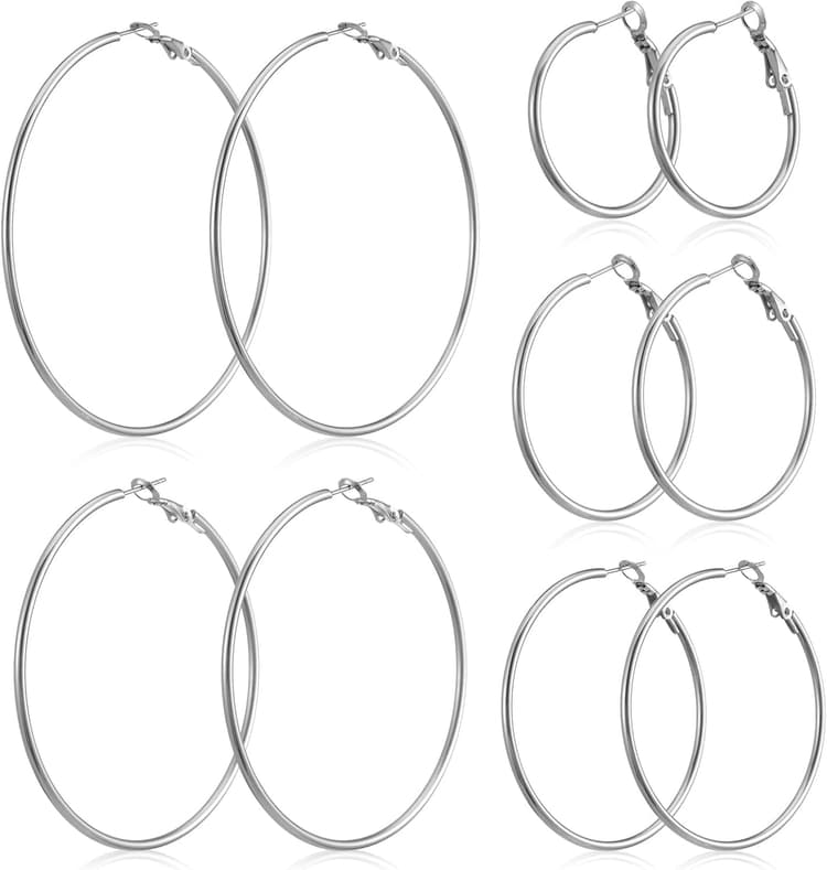 5 Pairs Large Silver Hoop Earrings 30/40/50/60/70 mm Stainless Steel Hoop Earrings Stylish Simple Lightweight Hoops Earring Big Thin Silver Dangle Earring Set for Women