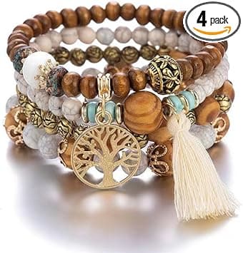 Boho Lot de 4 bracelets en perles de bois pour femme, Motif arbre de vie, Cristal Perle, bracelet fait à la main chaîne de main pour femmes et fille