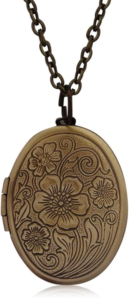 Rétro Photo Médaillon Coeur/Bible/Ovale Pendentif Chaîne Longue Collier pour Femme