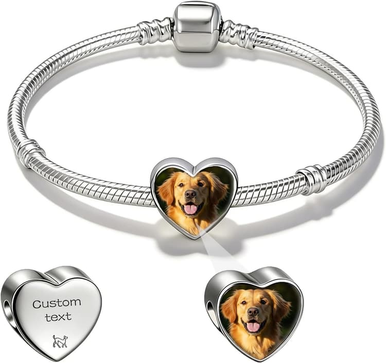 Custom Picture Heart Charm Bracelet, Personalized memorial Bracelets and Pendants, Memorial Jewelry Gift for Mom, Wife, Girlfriend, Pet Lover, Valentine Mother's Day Birthday, Keepsake for Dog Cat Pet