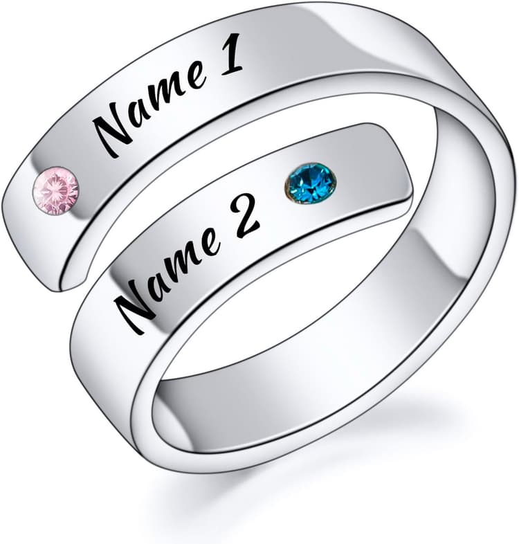 INBLUE Bague Spiral Twist en Argent Sterling 925 Personnalisée pour Femme Gravure Nom/Date avec Pierres de Naissance Bracelet Ouvert Ajustable Bague de Promesse Cadeau pour Mariage Fiançailles