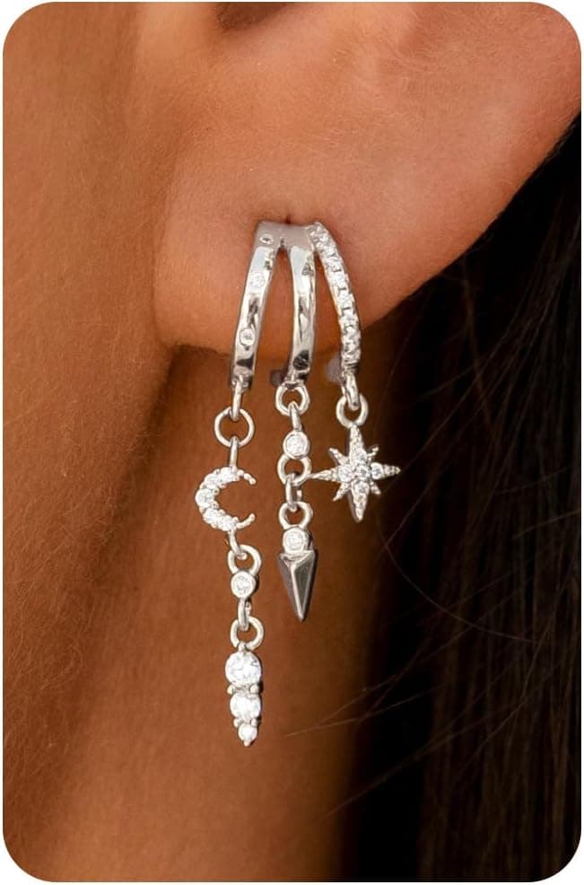 HANLI Boucles Longues Pendentif D'oreilles Femme Créoles Plaqué 14K Or/Argent 925 en Zircon Cubique Ladies Hypoallergénique Bijoux Cadeaux Pour Femmes