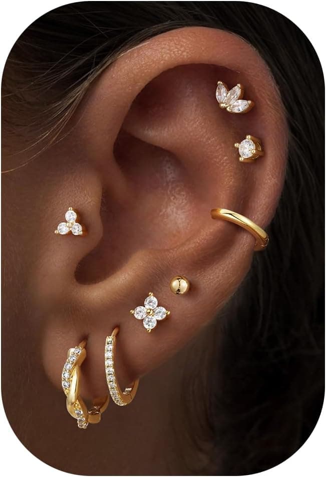 Turandoss Gold Hoop Earrings for Women Trendy - Dainty 14K Gold Plated Hypoallergenic Huggie Hoop Stud Flat Back Earrings Set for Multiple Piercing Earrings for Women